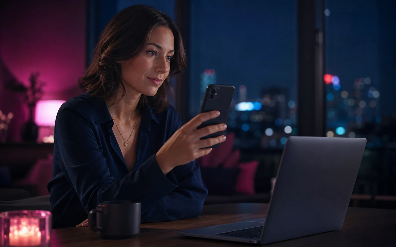Nő este telefonnal és laptoppal ellenőrzi egy online ismeretség hitelességét