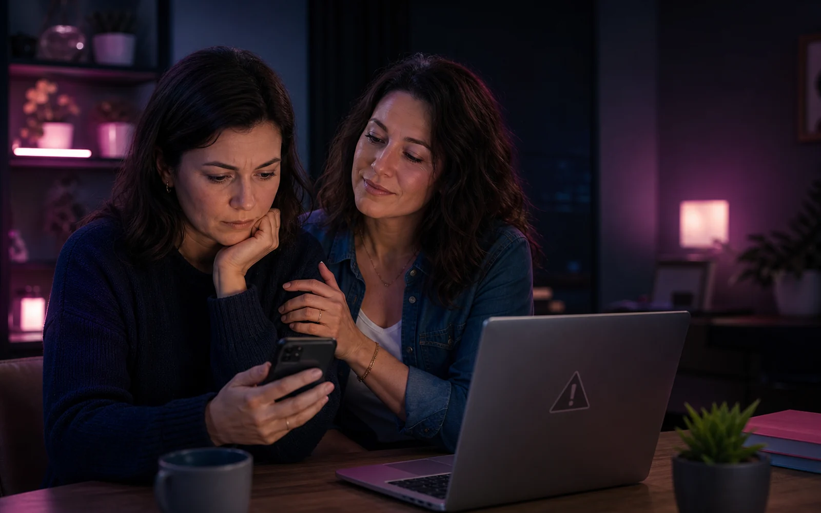 Két felnőtt nő együtt ellenőriz egy gyanús telefonos üzenetet egy laptop mellett