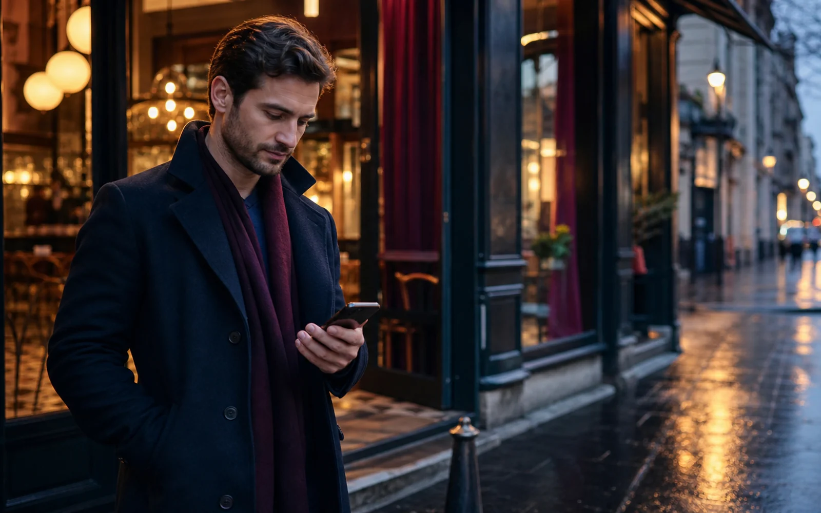 Férfi egy esti kávézó előtt telefonon kulturált üzenetben szervezi át a megbeszélt randit a városban
