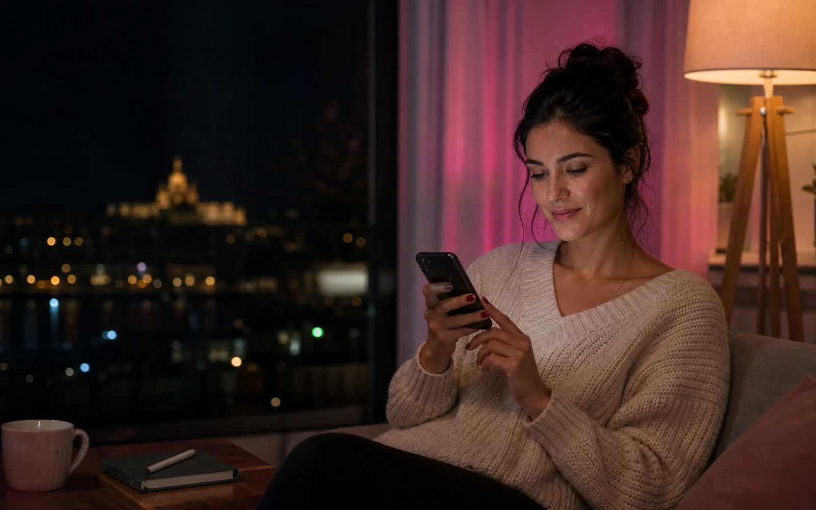 Nő este otthon, nyugodt környezetben személyes első üzenetet ír a telefonján egy online társkereső beszélgetéshez