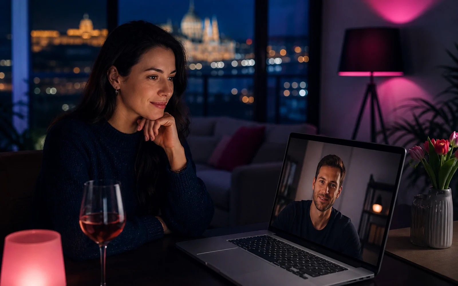Nő biztonságos otthoni videóhívásban beszélget egy férfival az esti Budapest előtt