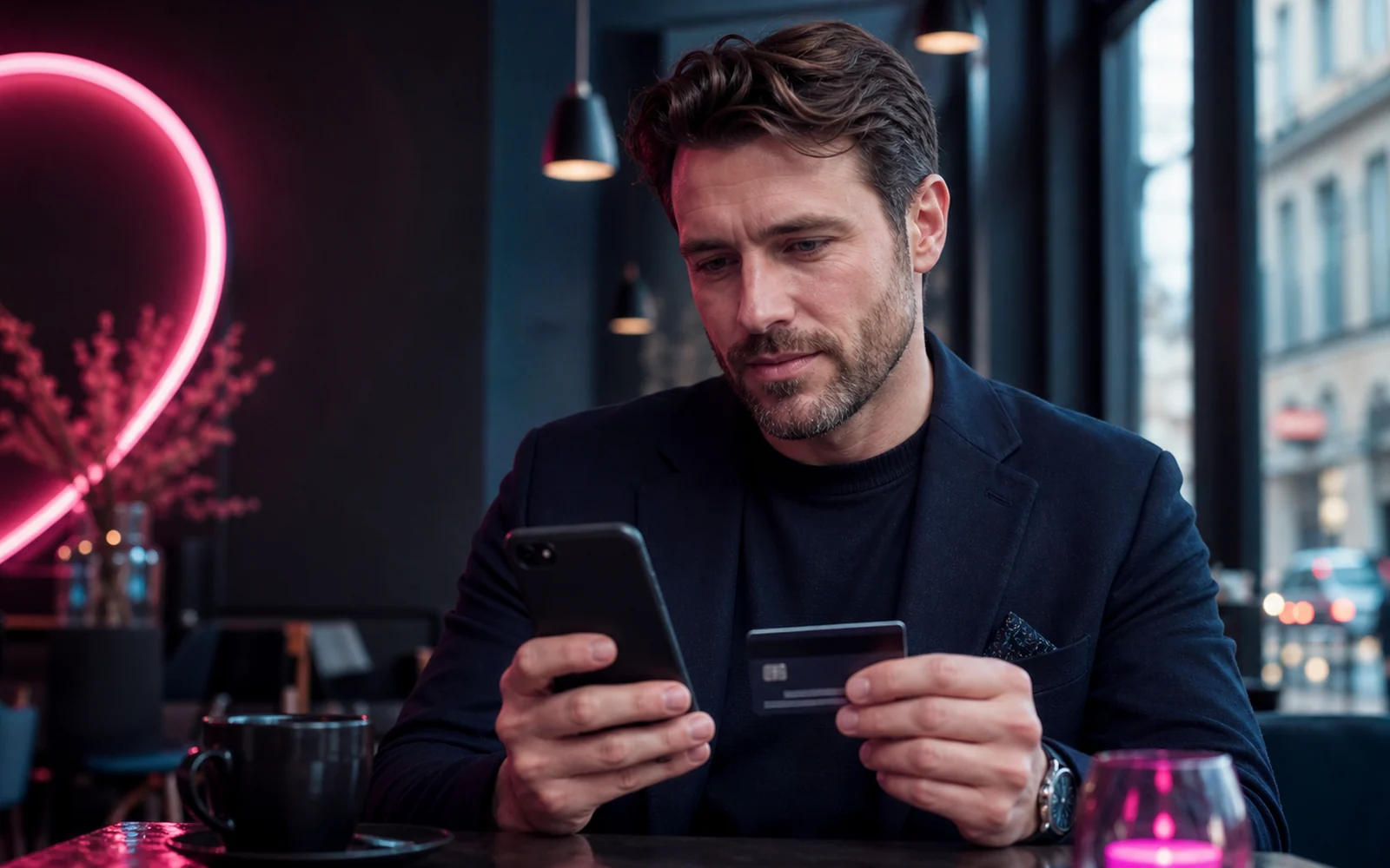 Férfi egy modern kávézóban átlátható társkereső tagsági lehetőségeket hasonlít össze a telefonján bankkártyával a kezében
