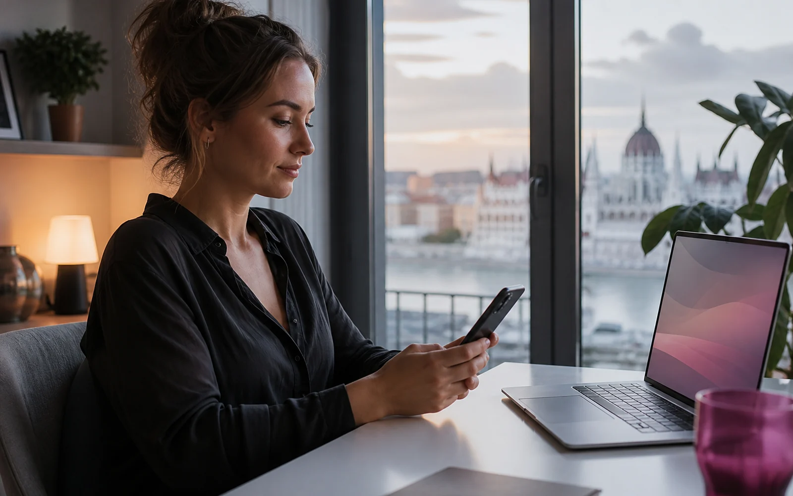 Nő telefonja adatvédelmi beállításait ellenőrzi budapesti otthonában